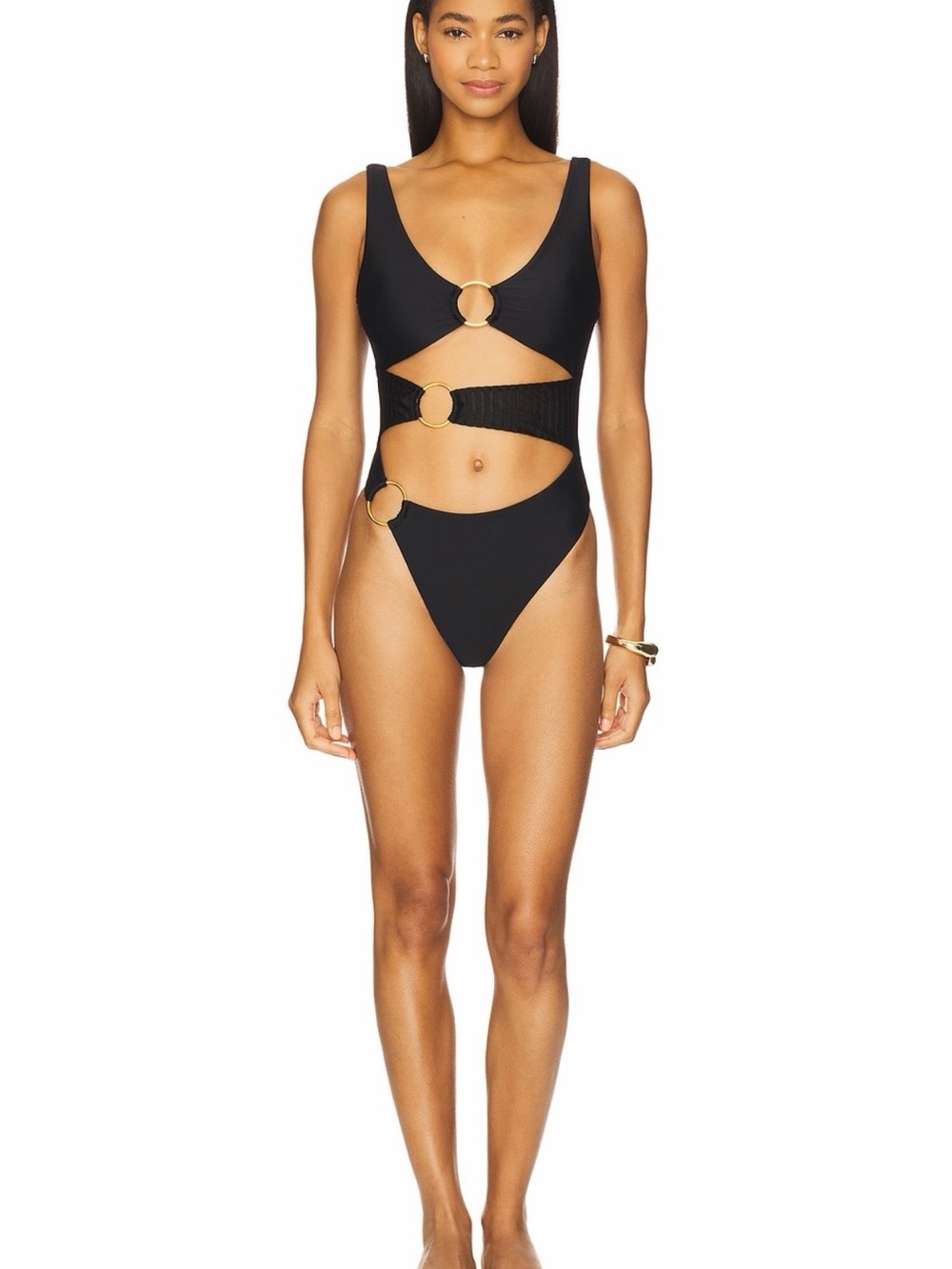 NWT REVOLVE Lovewave Black Cutout One-Piece Swimsuit with Gold Rings